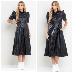 Faux Leather Puff Short Sleeve Dress